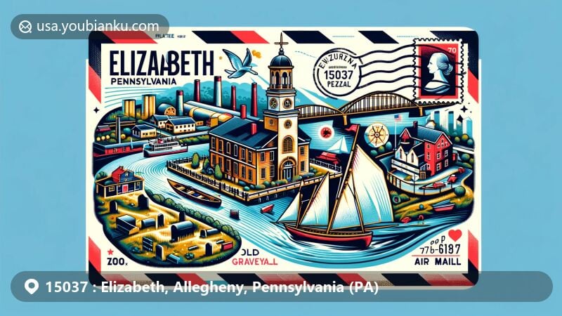 Creative illustration of Elizabeth, Pennsylvania, showcasing vintage air mail theme with Monongahela River, Old Graveyard, and keelboat from Lewis and Clark Expedition, representing town's history and early exploration role.