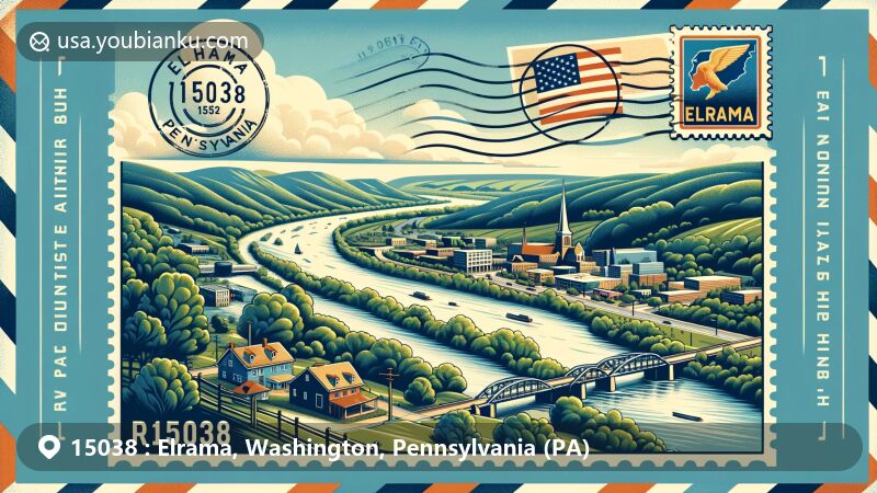 Modern illustration of Elrama, Washington County, PA, reflecting postal theme with ZIP code 15038, featuring Monongahela River, Pennsylvania Route 837, state flag, and lush greenery.