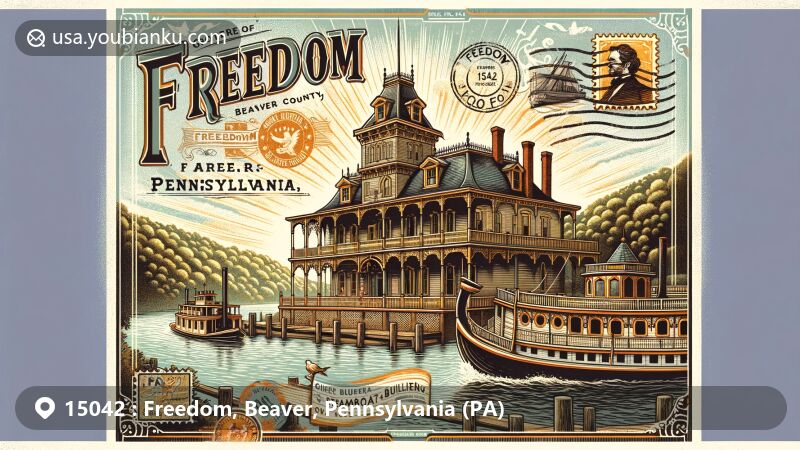 Modern illustration of Vicary Mansion in Freedom, PA 15042, highlighting steamboat building heritage and abolitionist history, styled as vintage postcard with postal elements.