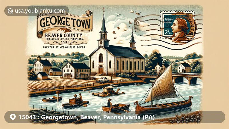 Modern illustration of Georgetown, Beaver County, Pennsylvania, featuring historical and geographical elements with vintage postcard design, showcasing Ohio River, Saint Luke's Episcopal Church, and rural agricultural roots, including postal theme with ZIP code 15043 and keelboat nod to Lewis and Clark Expedition preparation.