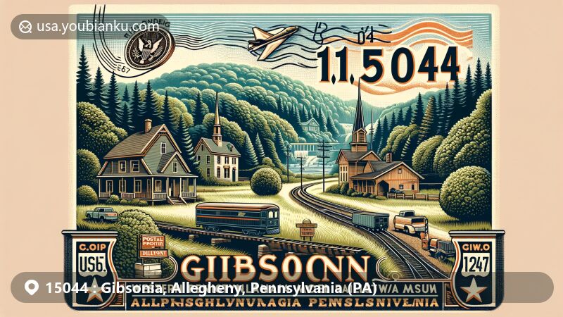 Modern illustration of Gibsonia, Allegheny County, Pennsylvania, featuring serene wooded landscapes and postal theme with ZIP code 15044, showcasing Western Pennsylvania Model Railroad Museum.