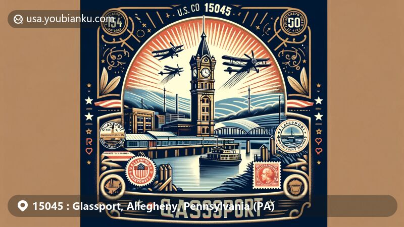 Modern illustration of Glassport, Allegheny County, Pennsylvania, illustrating historic clock tower and Monongahela River, featuring vintage air mail envelope with postal elements and decorative symbols of community resilience.