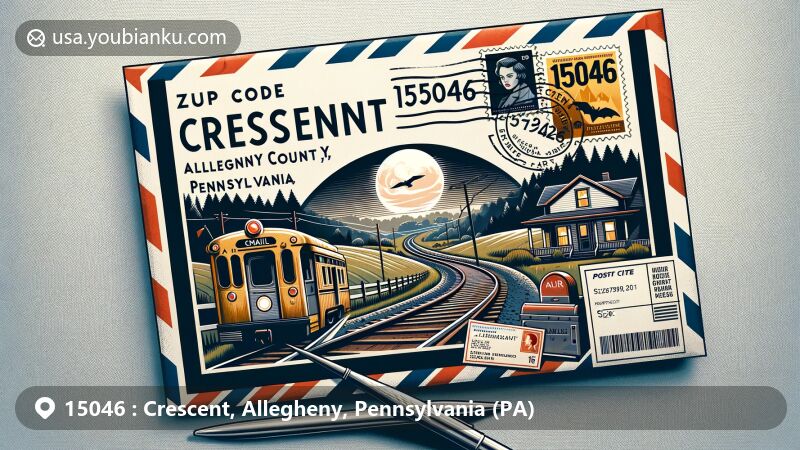 Modern illustration of Crescent, Allegheny County, Pennsylvania, featuring references to filming of 'The Silence of the Lambs' in Glenwillard and prominent railway tracks, with postal elements like air mail envelope, postage stamps, and ZIP code 15046.