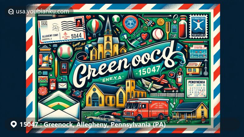 Modern illustration of Greenock, Pennsylvania, showcasing community essence with churches, school, deli, fire company, baseball fields, and cemeteries, integrated with ZIP code 15047 and state symbols.
