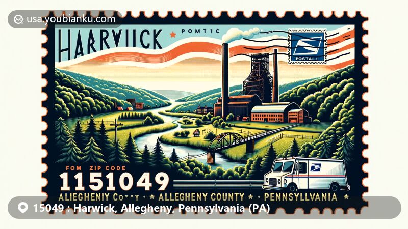 Modern illustration of Harwick, Allegheny County, Pennsylvania, highlighting small-town charm with rolling hills and lush forests, featuring a blast furnace symbolizing industrial heritage, a postal stamp with the Pennsylvania state flag, and a mail truck or mailbox representing postal services.