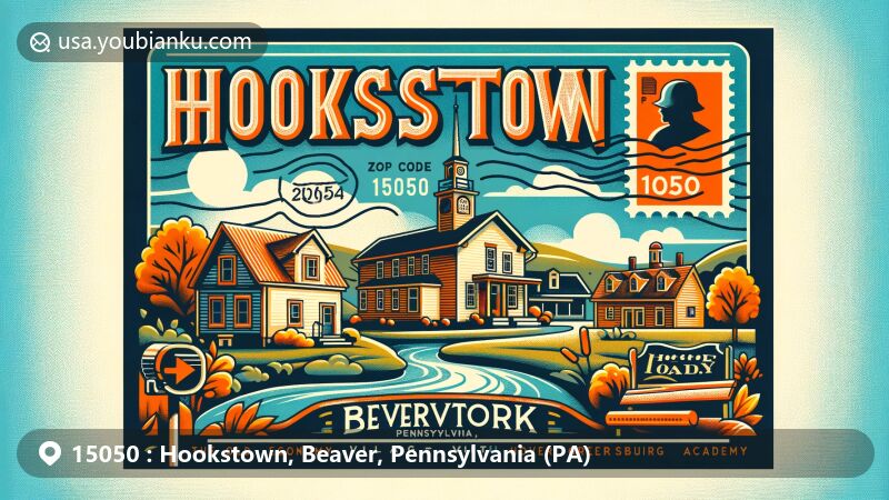 Modern illustration of Hookstown, Beaver County, Pennsylvania, showcasing postal theme with ZIP code 15050, featuring Old Economy Village, Greersburg Academy, hills, and rural scenery.