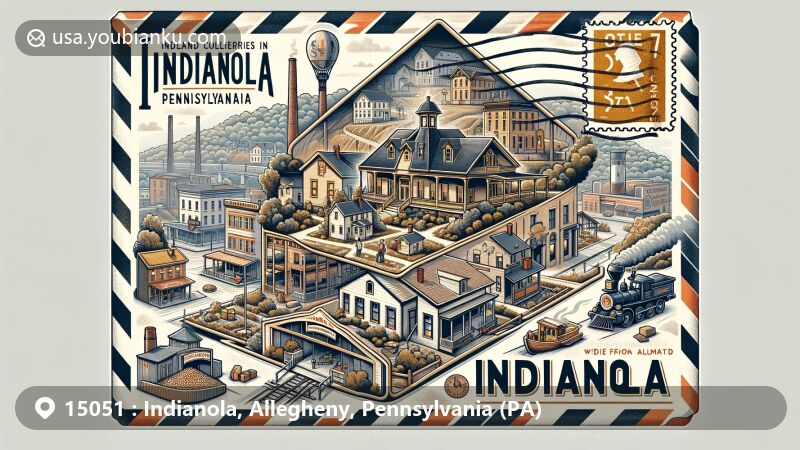 Modern illustration of Indianola, Allegheny, Pennsylvania (PA) showcasing a creative design centered around an airmail envelope frame, featuring key landmarks and cultural elements such as historic coal mining town model, innovative housing designs, remains of Indianola coal mine, baseball symbols, and postal elements like stamps and mail-related icons.
