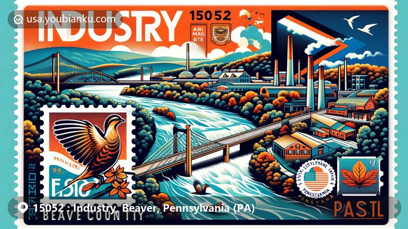 Modern illustration of Industry, Beaver County, Pennsylvania, featuring Ohio River, Pennsylvania state flag, and air mail envelope symbolizing communication, with postage stamp showcasing Eastern Hemlock and Ruffed Grouse. Stylized depiction of Beaver Historic District, blending historical significance with vibrant colors and modern design.