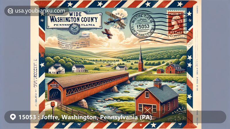 Modern illustration of Joffre area, Washington County, Pennsylvania, showcasing rural charm and postal theme with stamps, postmark ('Joffre, PA 15053'), and historic elements. Reflects area's culture and natural beauty.