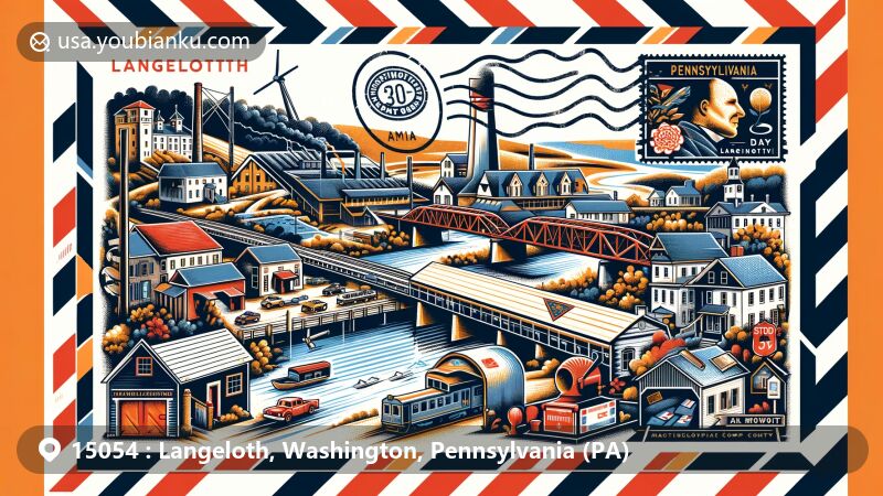Modern illustration of Langeloth area, Washington County, Pennsylvania, depicting coal mining town history and Langeloth Metallurgical Company within an airmail envelope, featuring Pennsylvania state flag and Day Covered Bridge.