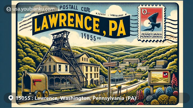 Modern illustration of Lawrence, Washington County, Pennsylvania, showcasing historic mining village essence with significant Montour #4 mine, integrating lush landscapes, and postal elements like vintage postcard style, mailbox, and stamp, cleverly incorporating representative of Pennsylvania flag. Suitable for postal code webpage, celebrating heritage and postal system's role in community connectivity, featuring creativity and allure.
