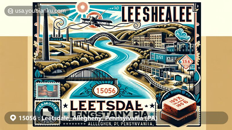 Modern illustration of Leetsdale, Allegheny County, Pennsylvania, showcasing postal theme with ZIP code 15056, featuring Ohio River, Leetsdale Industrial Park, historical brickworks, and archaeological significance.