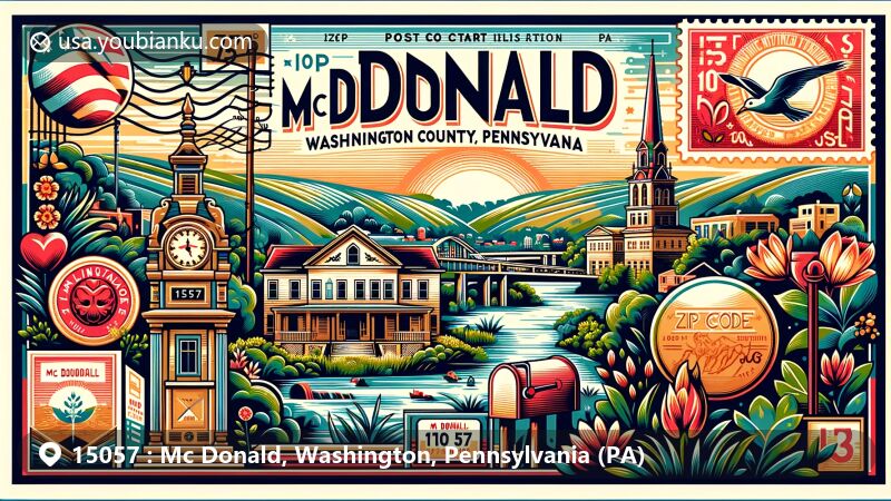 Modern illustration of Mc Donald, Washington County, Pennsylvania, showcasing postal theme with ZIP code 15057, featuring vintage postcard layout and local symbols.