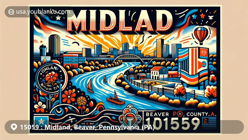 Modern illustration of Midland, Beaver County, Pennsylvania, highlighting ZIP code 15059, featuring Lincoln Park Performing Arts Charter School, Fourth of July celebration, and postal design elements.