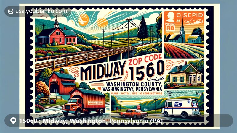 Modern illustration of Midway, Washington County, Pennsylvania, showcasing local landmarks and cultural references, including postal elements like vintage '15060' ZIP code, postal truck, and mailbox.