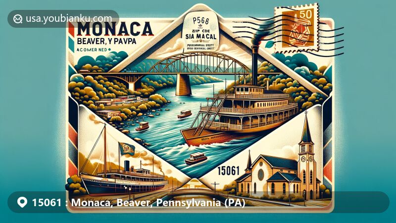Modern illustration of Monaca, Beaver County, Pennsylvania, featuring vintage air mail envelope with steamboats on Ohio River, New Philadelphia Society Church, Broadhead Cultural Center, and Beaver Bridge, blending historical and contemporary elements.