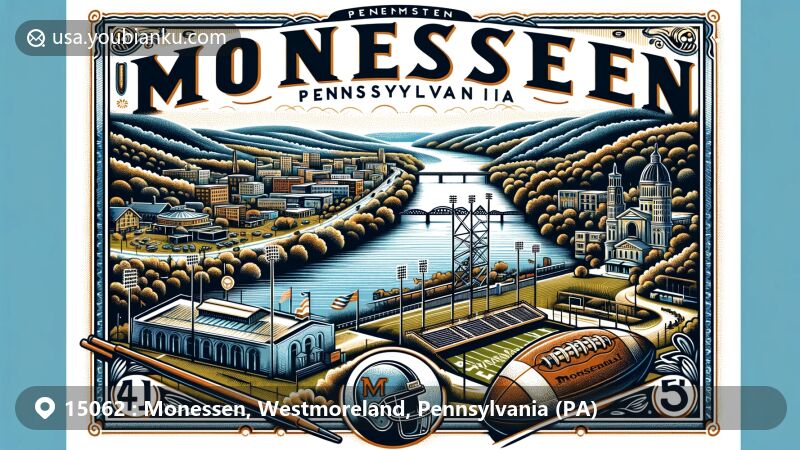 Modern illustration of Monessen, Pennsylvania, featuring the Monongahela River, rolling hills, and lush landscapes, with a creatively designed postcard showcasing Monessen's postal heritage and iconic landmarks.