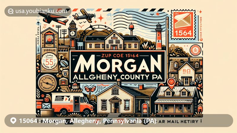 Modern illustration of Morgan, Allegheny County, Pennsylvania, featuring rural landscapes, traditional architecture, and postal elements with ZIP code 15064, inviting exploration of cultural and historical significance.