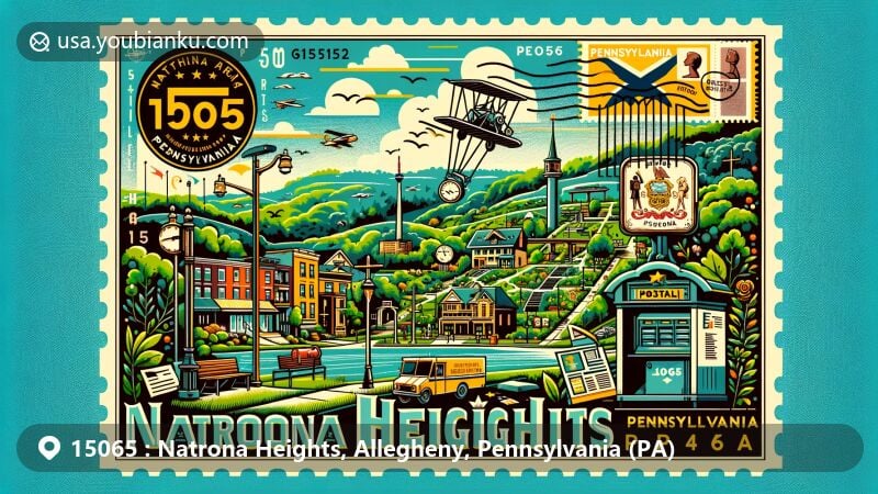 Modern illustration of Natrona Heights, Allegheny County, Pennsylvania, featuring iconic landmarks, postal theme with ZIP code 15065, and lush greenery, reflecting vibrant community spirit and local charm.