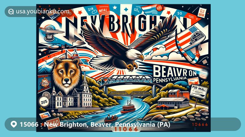 Modern illustration of New Brighton, Beaver County, Pennsylvania, showcasing postal theme with ZIP code 15066, featuring Beaver River, Pennsylvania Canal System, and Big Rock Park.
