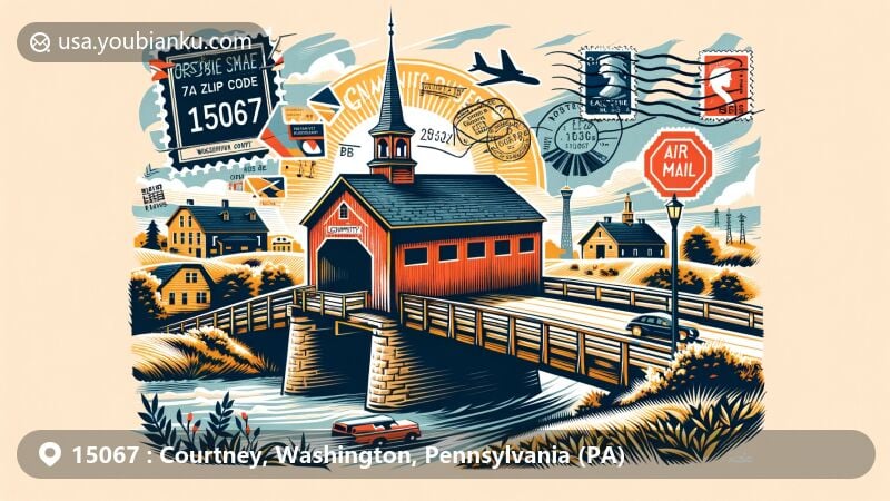 Modern illustration of Courtney, Washington County, Pennsylvania, showcasing postal theme with ZIP code 15067, featuring Claysville S Bridge and Sawhill Covered Bridge, representing rich history and architectural heritage.