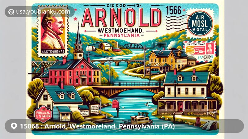 Modern illustration of Arnold, Westmoreland County, Pennsylvania, capturing the Allegheny River and historic landmarks like Morris Davis home, Hartley Howard home, John Fedan store, Arnold Traffic Store, and Arnold Station, blended with postal elements including vintage stamp with 15068 ZIP code.