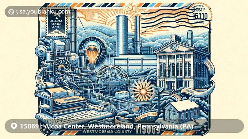 Modern illustration of Alcoa Center, Westmoreland County, Pennsylvania, merging historical and technological elements, featuring Alcoa R&D center and symbols of Historic Hanna's Town, set against a creative postcard backdrop with postal theme and ZIP code 15069.