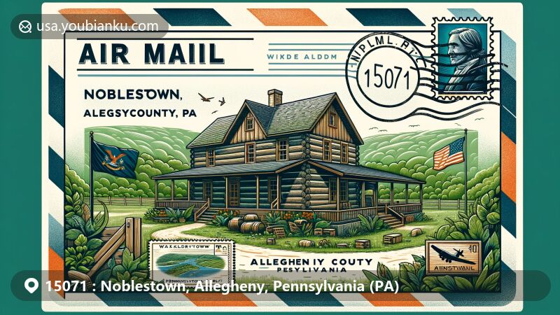 Modern illustration of Walker-Ewing Log House, Noblestown, Pennsylvania, resembling an airmail envelope with ZIP code 15071, featuring Pennsylvania state flag and historic postal imagery.