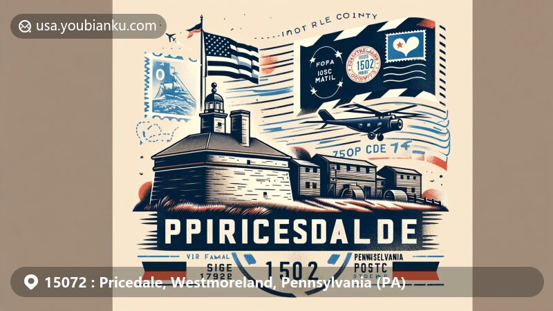 Modern illustration of Fort Ligonier in Pricedale, Westmoreland County, Pennsylvania, capturing its historical significance with postal elements like air mail envelope, faux postage stamp, and ZIP code 15072 postal mark.