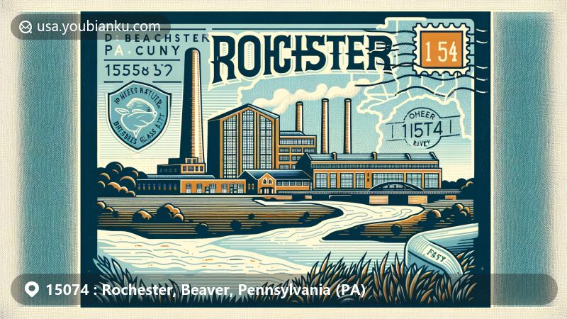 Modern illustration of H.C. Fry Glass Factory in Rochester, Beaver County, Pennsylvania, representing the region's glass manufacturing history, featuring vintage glass artwork and the confluence of Beaver River into Ohio River, incorporating postal symbols such as stamp, postmark ('Rochester, PA 15074'), and envelope edge.