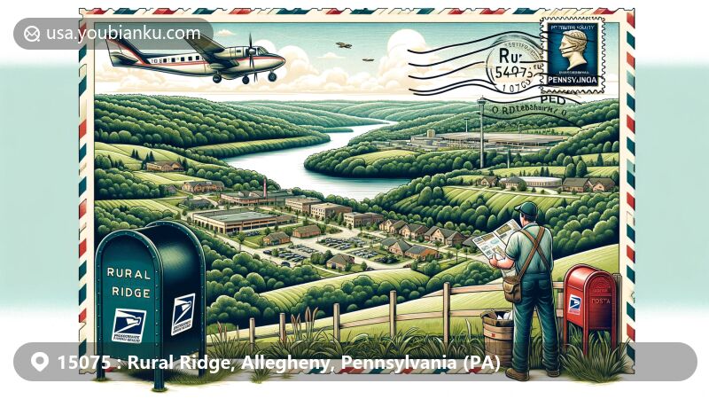 Modern illustration of Rural Ridge, Allegheny County, Pennsylvania, capturing suburban landscapes and American postal culture, featuring Pittsburgh Northeast Airport, Pittsburgh Mills shopping center, postcard with ZIP code 15075 and Allegheny County outline, iconic American mailbox, and postal worker in traditional uniform.