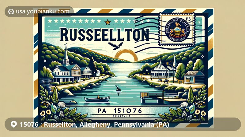 Modern illustration of Russellton, Allegheny County, Pennsylvania, highlighting Deer Lakes Park and town scenery, creatively blending state flag elements in a postal theme with 'Russellton, PA 15076' stamp and postmark.