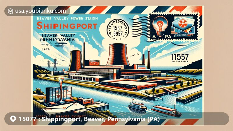 Modern illustration of Shippingport, Beaver County, Pennsylvania, highlighting Beaver Valley Power Station, Ohio River, and postal theme with ZIP code 15077, blending vintage and modern postal elements.