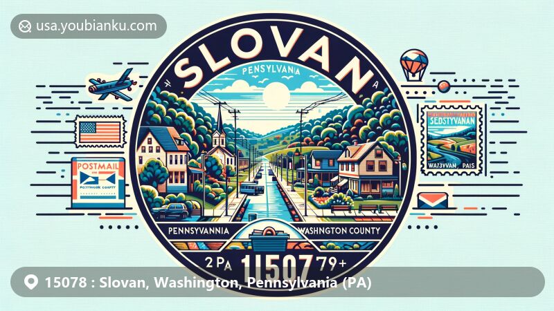 Vibrant illustration capturing the essence of Slovan, Washington County, PA, showcasing tree-lined streets, small town charm, outdoor activities, vintage airmail elements, and community-oriented setting, alluding to its location in the Pittsburgh Metro Area.