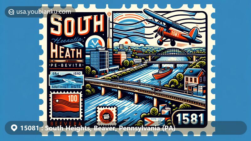 Modern illustration of South Heights, Beaver County, Pennsylvania, featuring postal theme with vintage air mail envelope, postage stamp, and postal mark, integrated with ZIP code 15081. Stylized representation of the Ohio River reflects its historical importance as a docking point and its proximity to South Heights.
