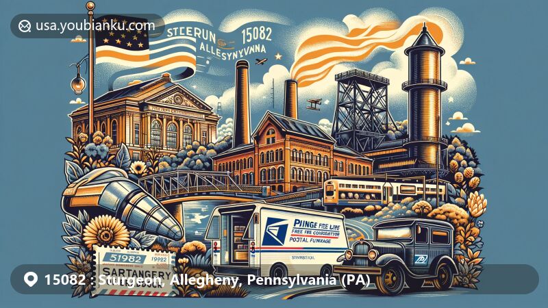 Modern illustration of Sturgeon, Allegheny County, Pennsylvania, portraying postal theme with ZIP code 15082, featuring Carnegie library, Carrie Blast Furnaces, Phipps Conservatory, and postal elements.