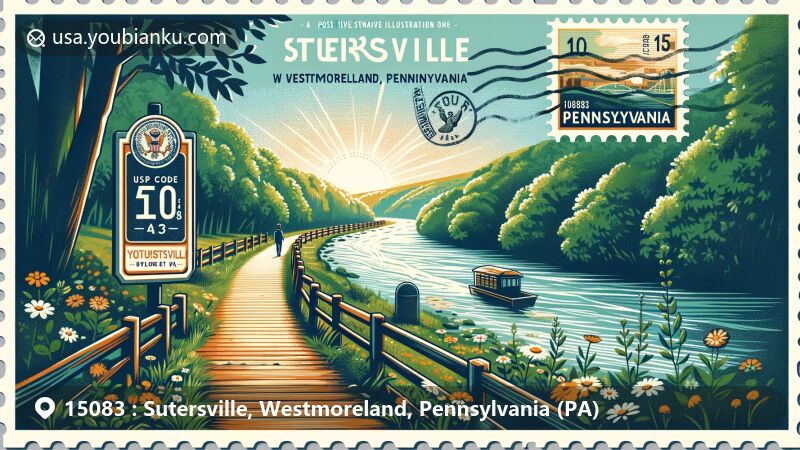 Modern illustration of Sutersville, Westmoreland County, Pennsylvania, featuring scenic walking trail symbolizing local charm, Youghiogheny River, and lush greenery, integrating postal elements like vintage postcard, PA state flag stamp, and ZIP code 15083.