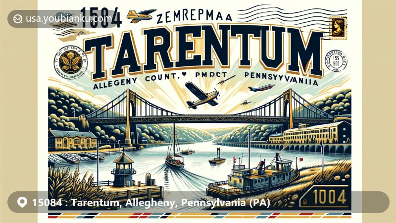 Modern illustration of Tarentum, Pennsylvania, highlighting postal theme with ZIP code 15084, featuring George D. Stuart Bridge, Allegheny-Kiski Valley Heritage Museum, and airmail envelope elements.