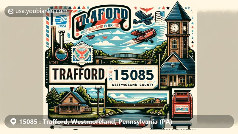Modern illustration of Trafford, Westmoreland County, Pennsylvania, featuring Trafford Westmoreland Park and Westmoreland Heritage Trail with postal elements like vintage air mail envelope and silhouette of a mailbox.