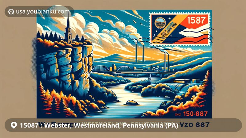 Modern illustration of Webster, Westmoreland County, Pennsylvania, blending natural beauty of Wolf Rocks Overlook, Linn Run State Park, and Laurel Mountain State Park with postal theme featuring Westmoreland County flag stamp and postmark bearing ZIP code 15087.