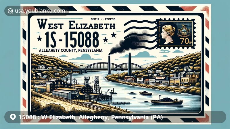 Modern illustration of W Elizabeth, Allegheny County, Pennsylvania, depicting postal theme with ZIP code 15088, featuring coal barge on Monongahela River and town's historical significance.