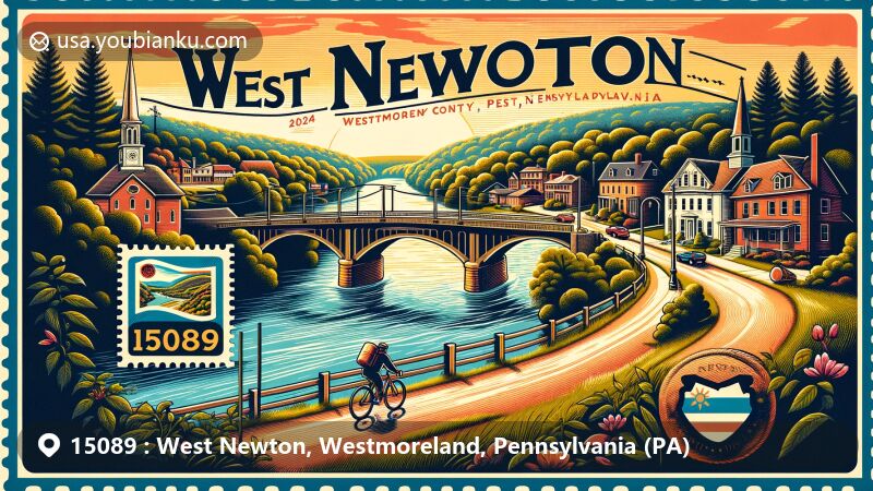 Modern illustration of West Newton, Westmoreland County, Pennsylvania, featuring West Newton Bridge and Youghiogheny River, along with Great Allegheny Passage elements, Plumer House, vintage postcard design, Pennsylvania state flag postage stamp, 2024 postal stamp mark, and ZIP Code 15089.