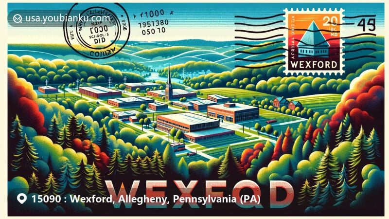 Modern illustration of Wexford, Allegheny County, Pennsylvania, portraying lush forests and rolling hills as background, featuring North Allegheny School District and Carnegie Museum of Natural History, alongside postal elements with ZIP code 15090.