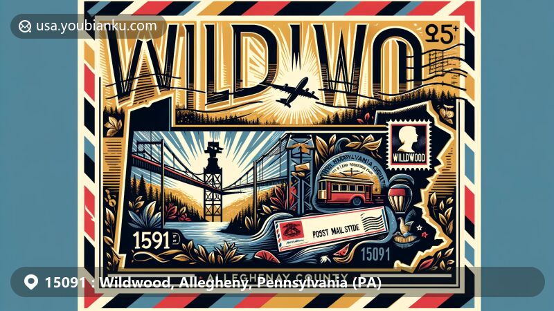 Modern illustration of Wildwood, Allegheny County, Pennsylvania, with postal theme featuring iconic postal elements and ZIP code 15091, showcasing the blend of modern aesthetics and nostalgic postal charm.