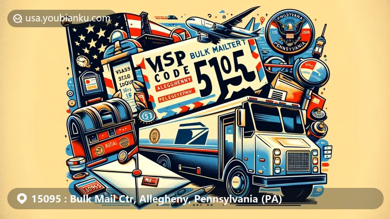 Modern illustration of Bulk Mail Center in Allegheny County, Pennsylvania, highlighting postal theme with ZIP code 15095, featuring postal truck, mailboxes, and envelope with stamp.