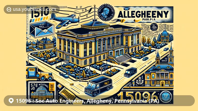 Modern illustration of Soc Auto Engineers, Allegheny, Pennsylvania, showcasing postal theme with ZIP code 15096, featuring Carnegie Free Library, Rachel Carson House, and Bost Building.
