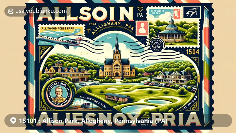 Modern illustration of Allison Park, Allegheny County, Pennsylvania, featuring a postal theme with ZIP code 15101, showcasing Hartwood Acres Park, Alexander Nevsky Cathedral, and North Park Golf Course.