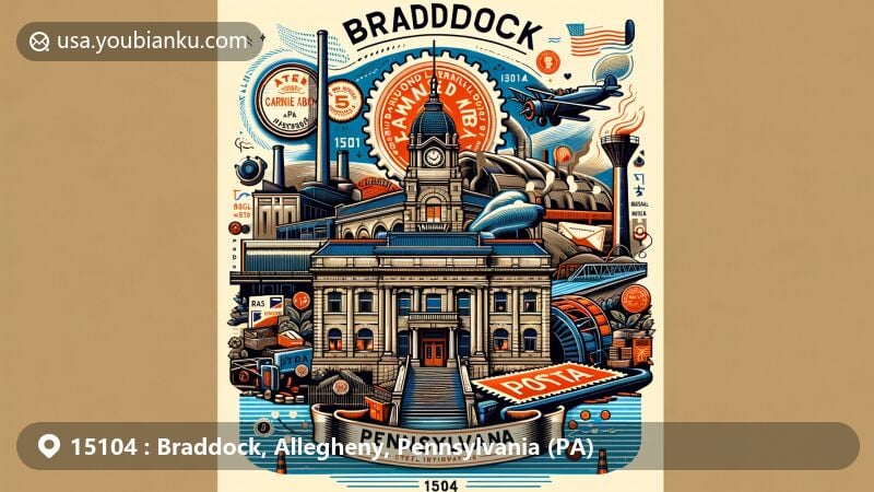 Modern illustration of Braddock, Pennsylvania, highlighting the Braddock Carnegie Library and industrial heritage, with postal elements representing ZIP code 15104 and diverse cultural symbols.