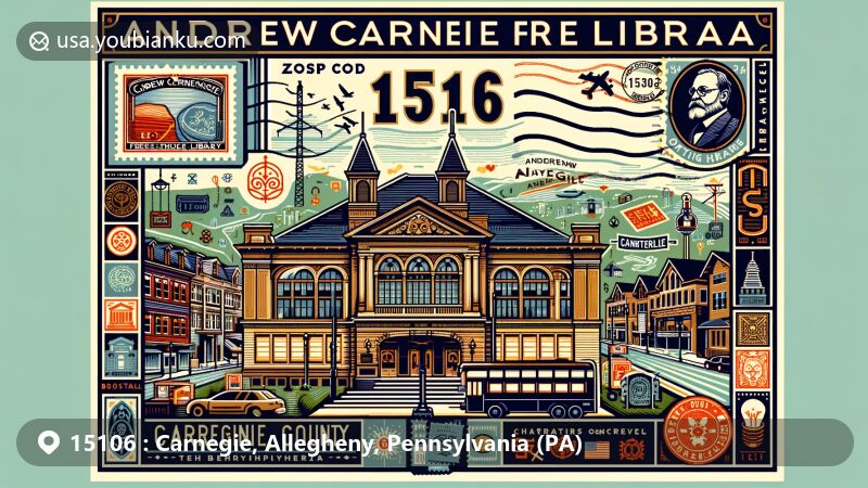 Modern illustration of Carnegie, Pennsylvania, highlighting Andrew Carnegie Free Library with postal theme for ZIP code 15106, featuring iconic postal elements and geographical landmarks.