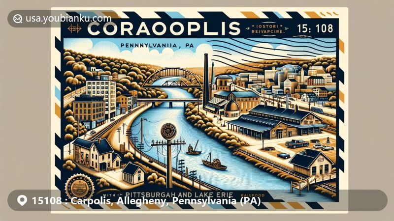 Modern illustration of Coraopolis, Pennsylvania, showcasing industrial heritage and community revitalization, framed within an air mail envelope with ZIP code 15108 and Pennsylvania state symbols.